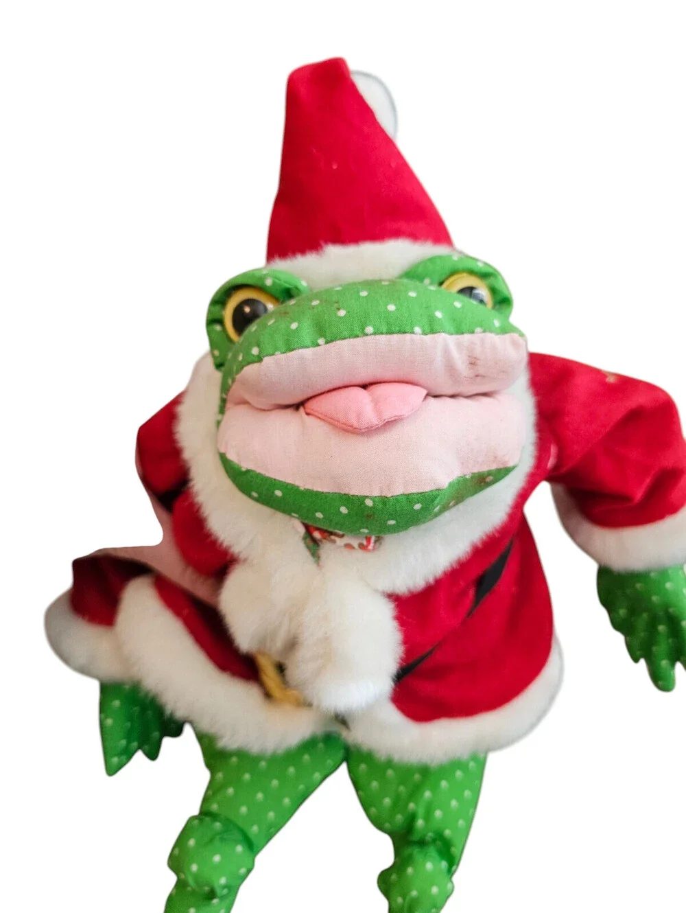 Vtg 1996 Christmas frog hand puppet dressed in a red and white Santa Claus suit